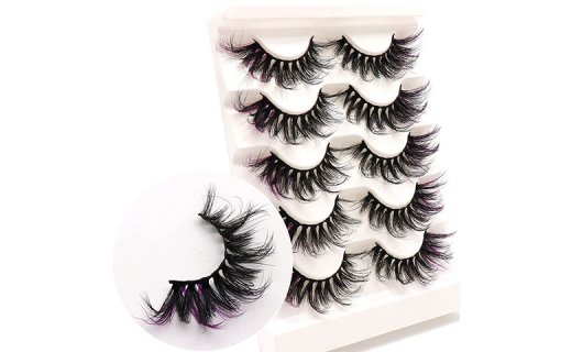 Veleasha Eyelashes with Purple End 6D Faux Mink Lashes Fluffy Colored Lashes 5 Pairs Pack False Eyelashes for Women (Purple-C03) 