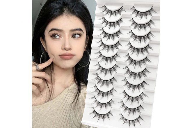 Veleasha Manga Lashes Natural Look Fluffy False Eyelashes Asian Cosplay Wispy Anime Eye Lashes 10 Pairs Pack (6D75)