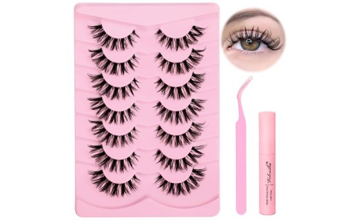 Veleasha Lashes Kit with Glue & Tweezer Cat Eye Lashes that Look Like Extensions Fluffy Clear Band False EyeLashes Natural Look Wispy Eye Lashes 7 Pairs Faux Mink Lashes Pack (Wispy Lashes)