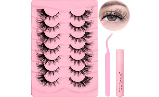 Veleasha Lashes Kit with Glue & Tweezer Cat Eye Lashes that Look Like Extensions Full Fake EyeLashes Wispy Fox Eye Lashes Natural Look 7 Pairs Faux Mink Lashes Pack (Fox Eye)