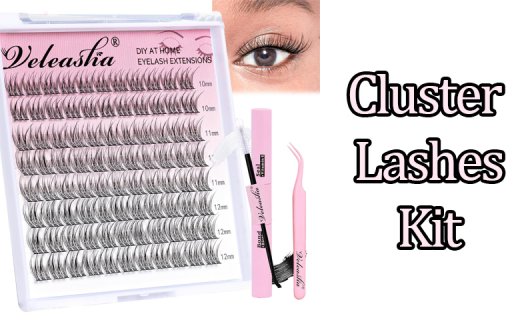 Veleasha Lash Clusters Kit CC Curl 10-12mm Mix Eyelash Extension Kit 88Pcs Wispy Crisscross Lash Extension Kit with Bond and Seal and Tweezers for Application at Home
